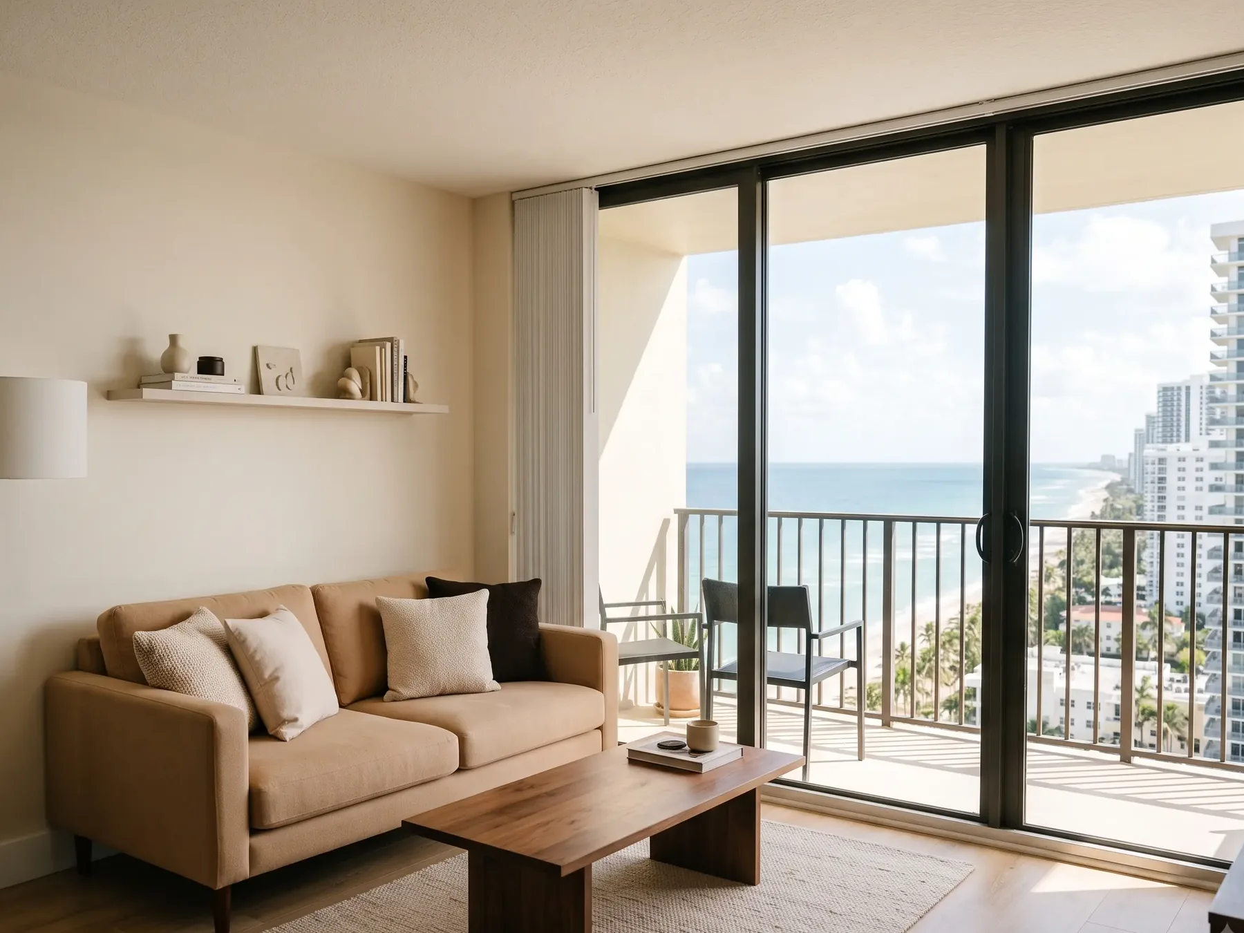 High-rise condo room with the ocean through a wall of windows