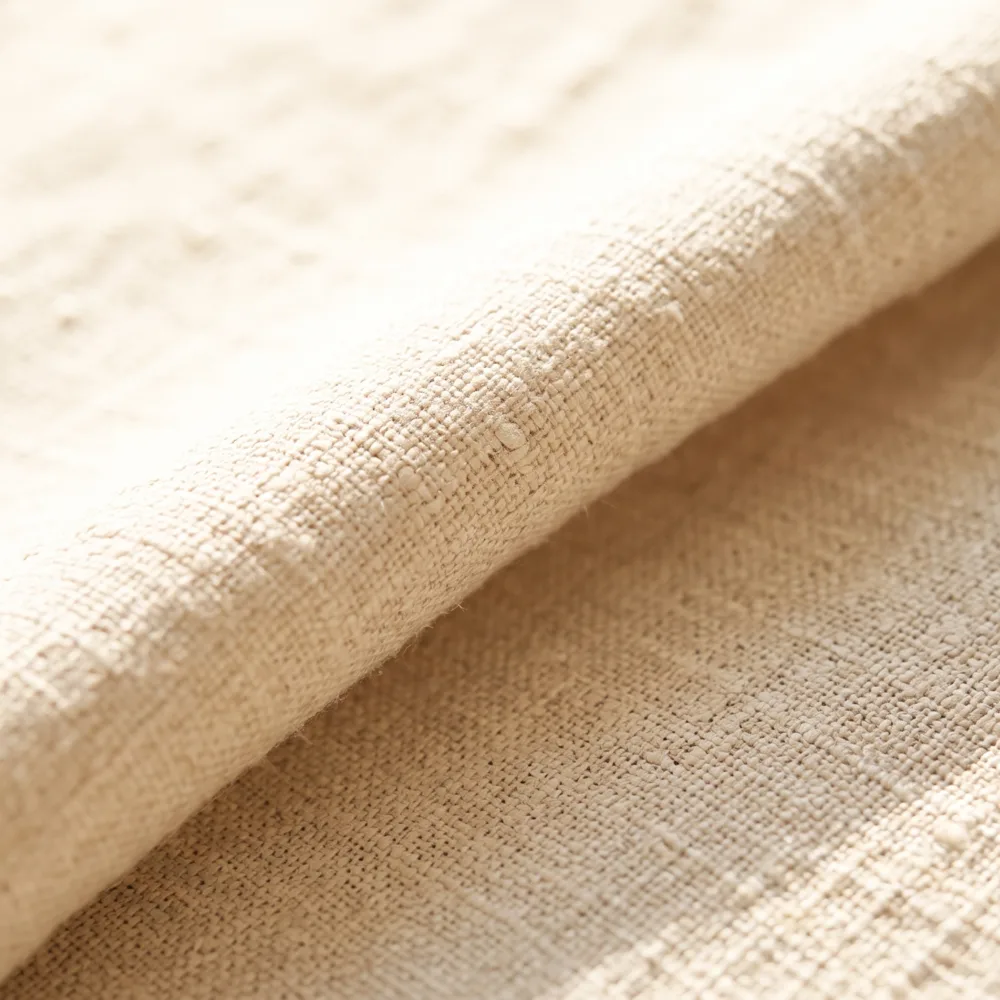 Folds of natural linen in warm light, the slub of the weave visible