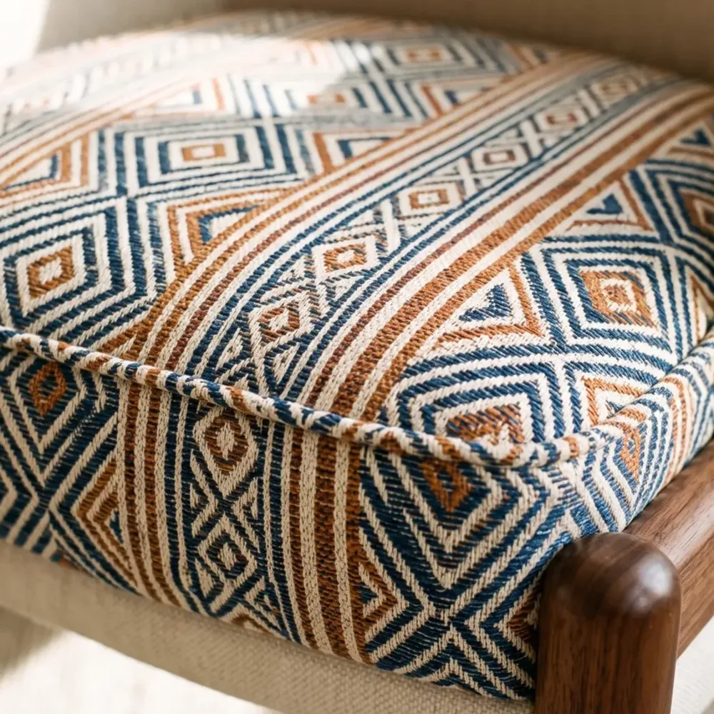 Geometric jacquard upholstery in indigo and rust on a chair seat, walnut frame beside it