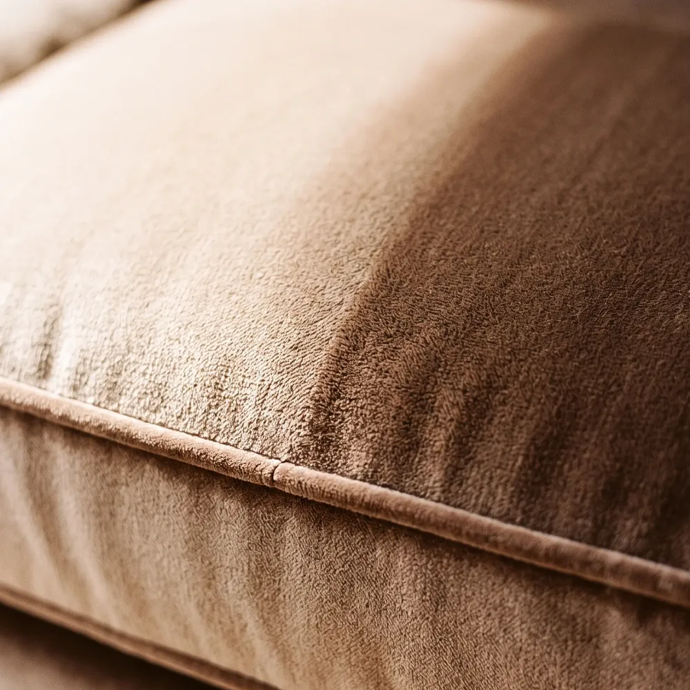 Corner of a tufted velvet seat in oat, the pile holding the light