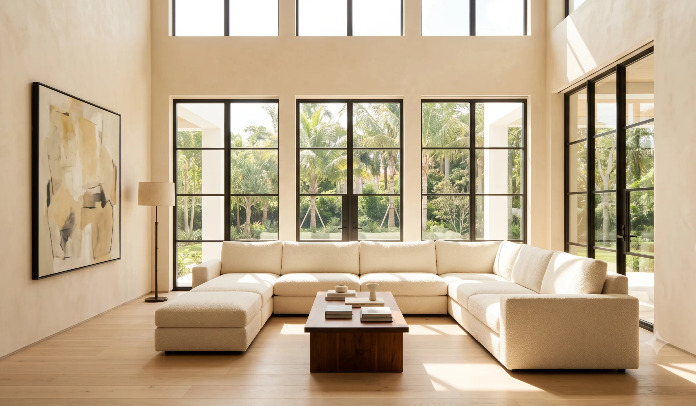 Pale sectional sofa in a calm room, a vase and a lit candle on the low table