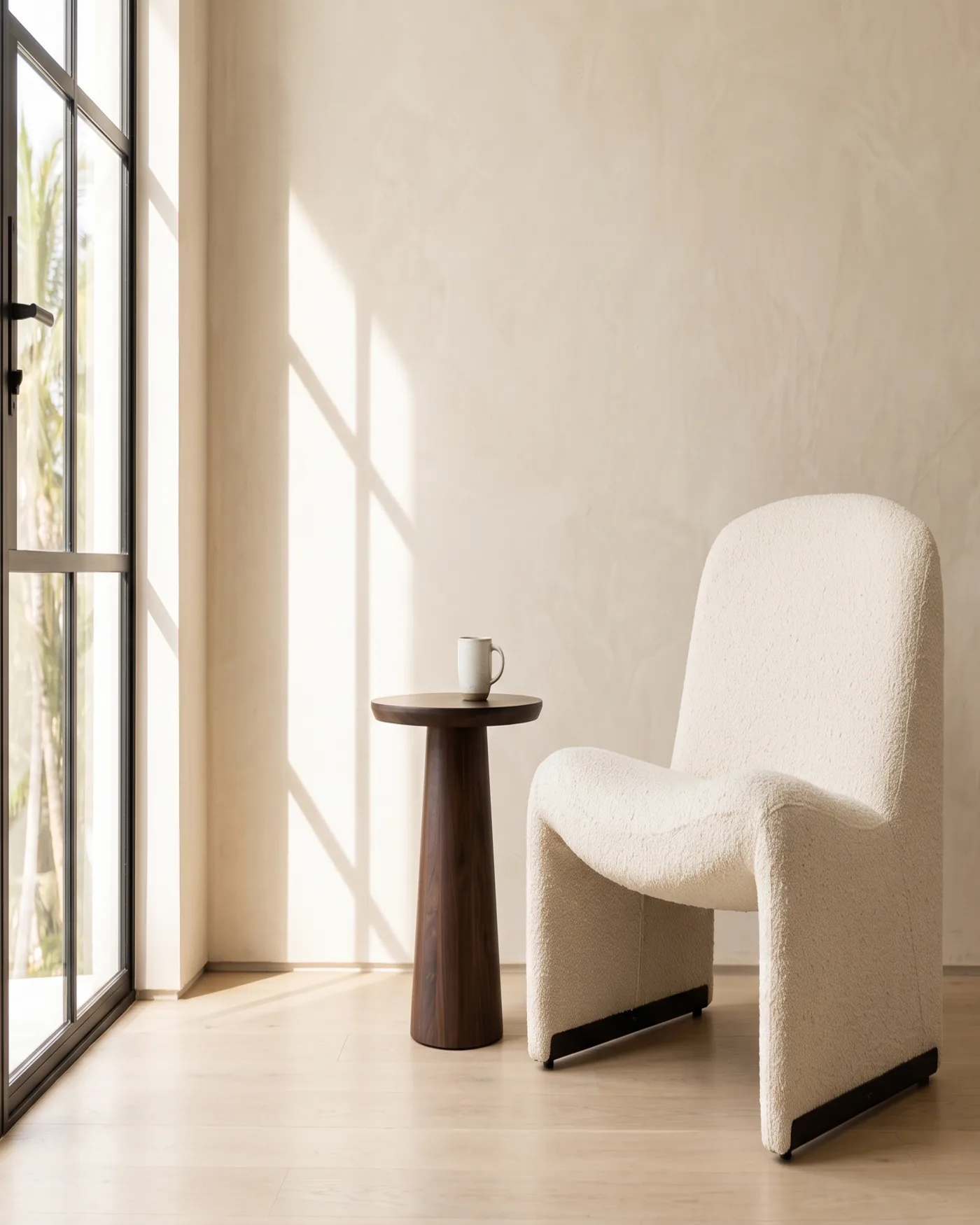 A cup on a low table beside a freshly cleaned bouclé armchair