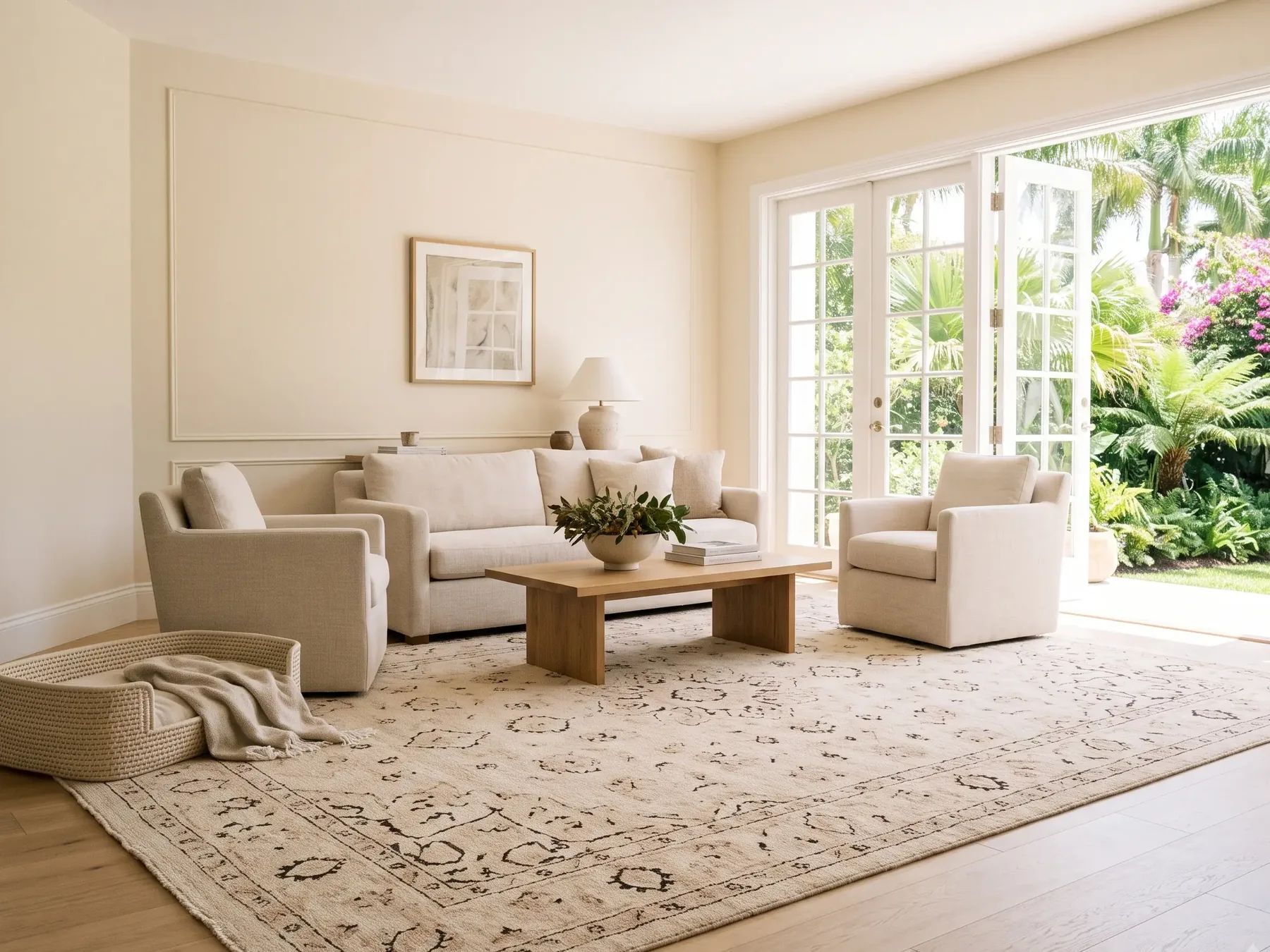 Tall living room open to a garden, pale seating and warm wood